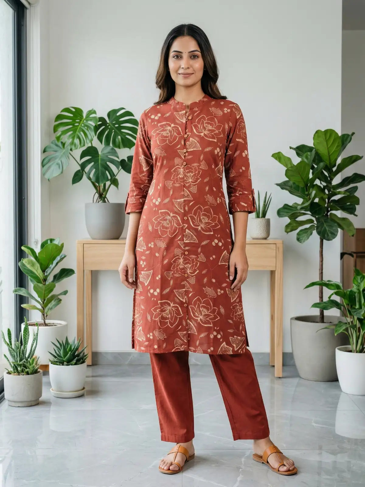 Rust Big Flower Print Co-Ord Set