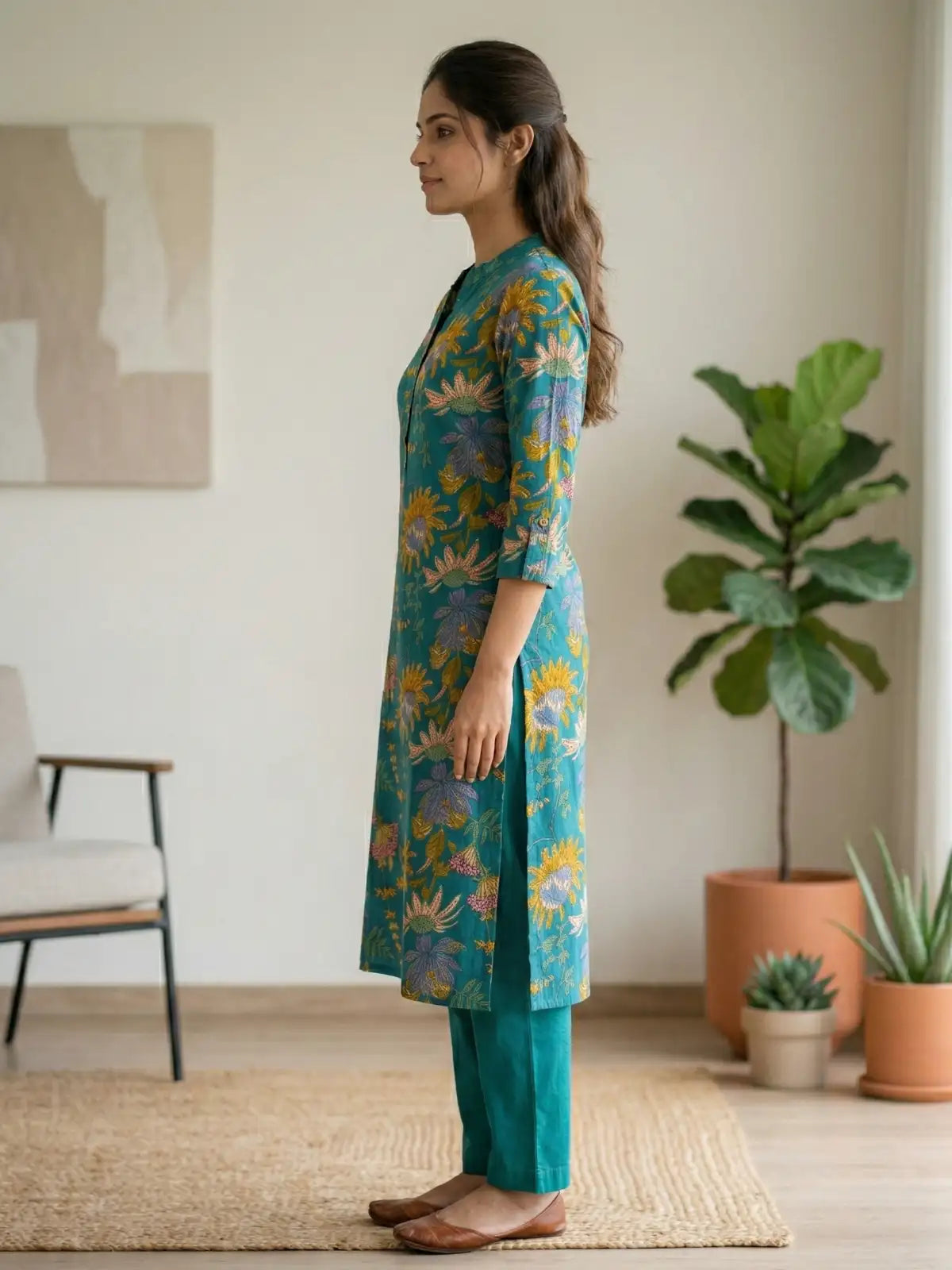 Teal Flower Leaf Print Co-Ord Set