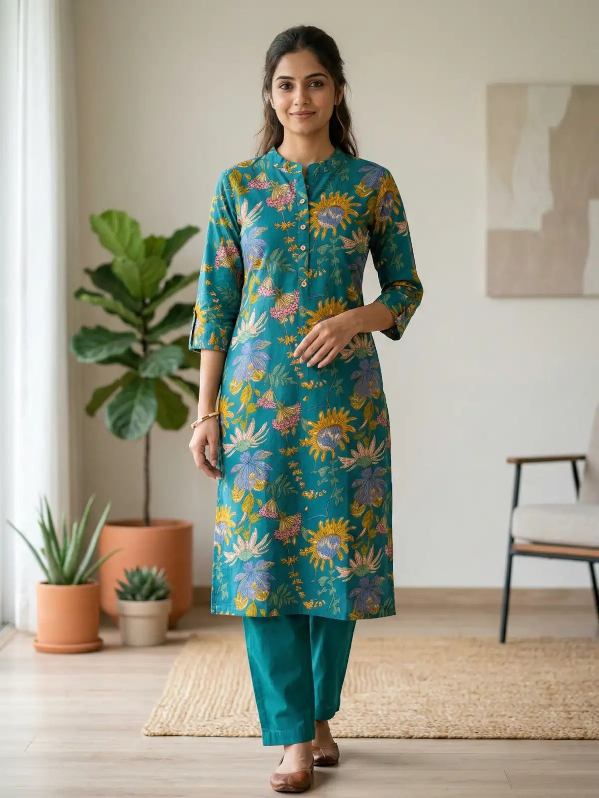 Teal Flower Leaf Print Co-Ord Set
