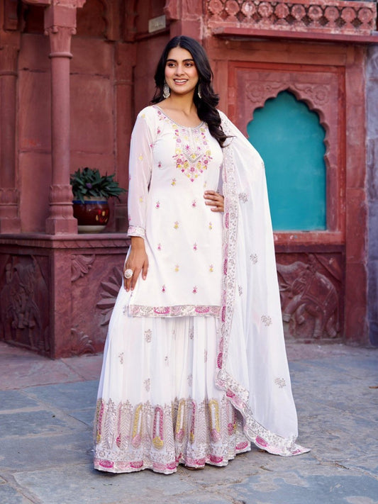 White & black Georgette Sharara set