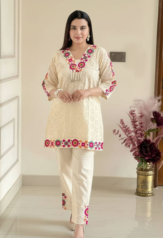 Elegant Khadi Cotton Schiffli Work Co-ord Set