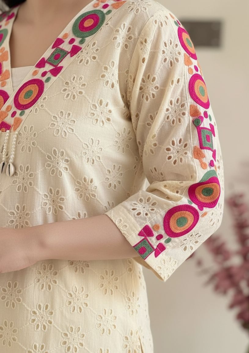 Elegant Khadi Cotton Schiffli Work Co-ord Set