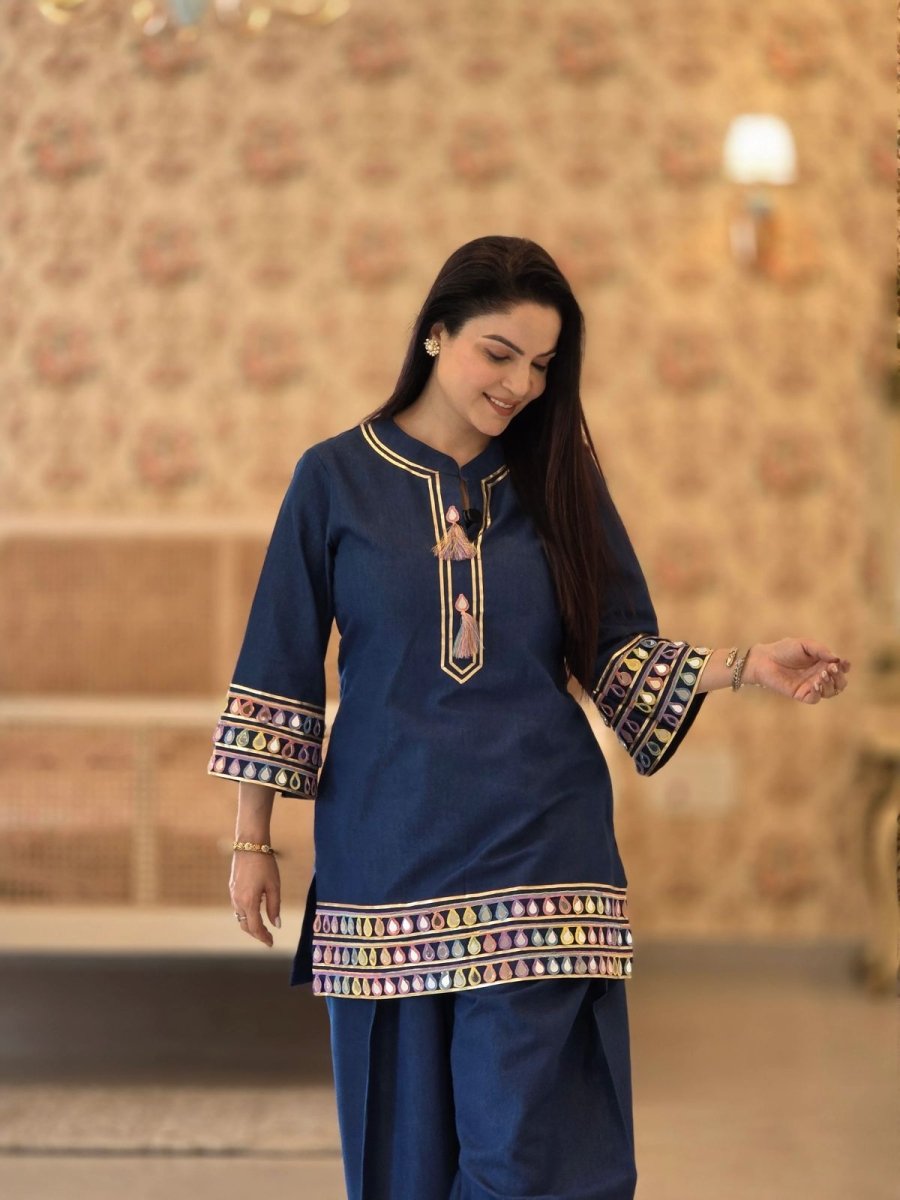 Premium Mirror Embroidered Roman Silk Farsi Palazzo