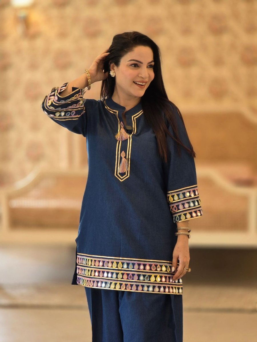Premium Mirror Embroidered Roman Silk Farsi Palazzo