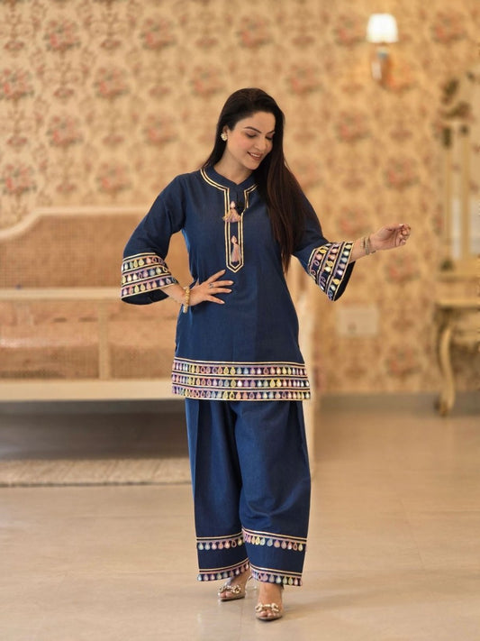 Premium Mirror Embroidered Roman Silk Farsi Palazzo
