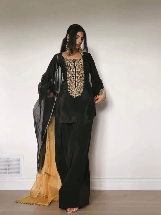 Luxury Satin Farshi Plazzo Set with Organza Dupatta