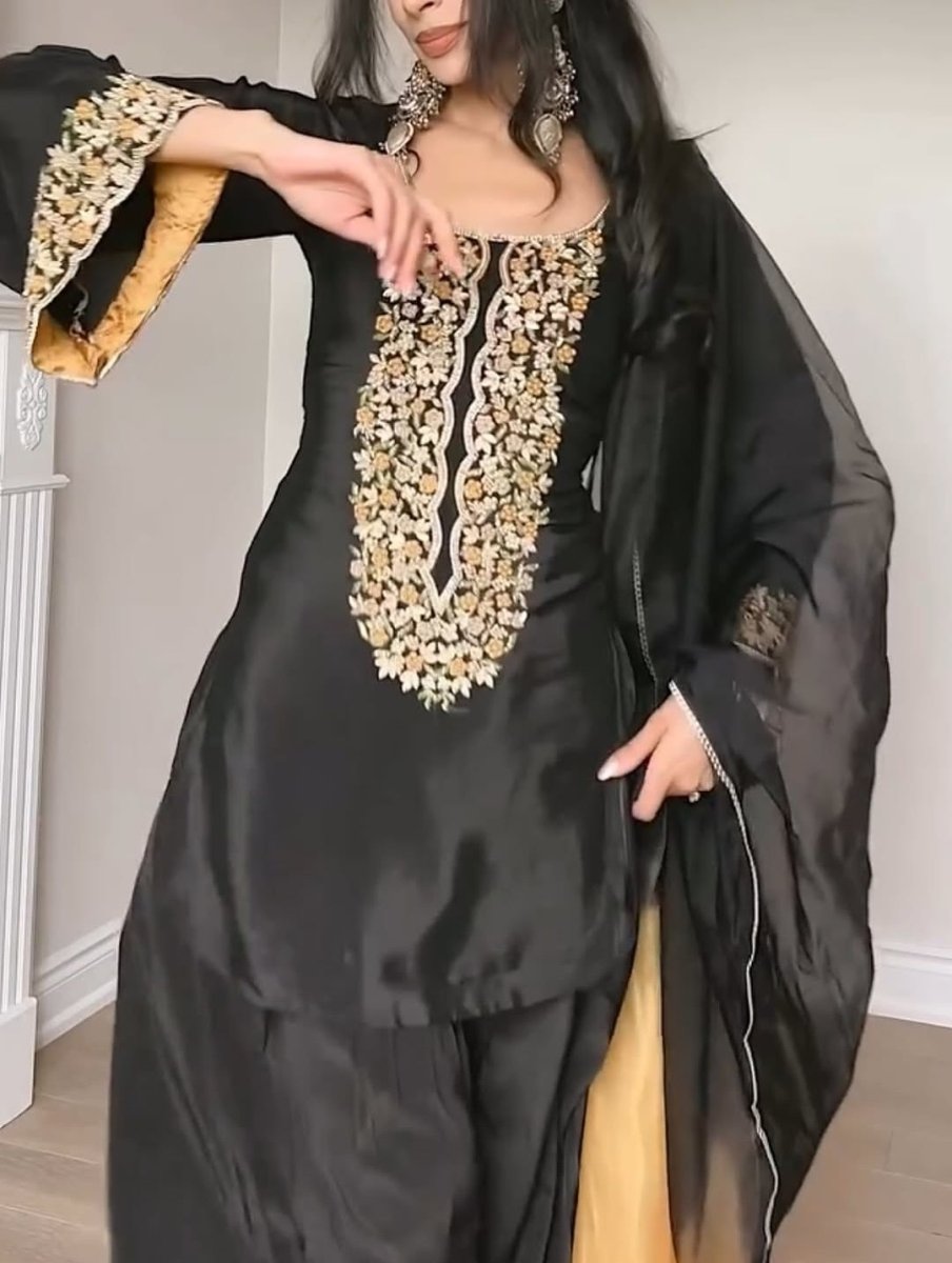 Luxury Satin Farshi Plazzo Set with Organza Dupatta