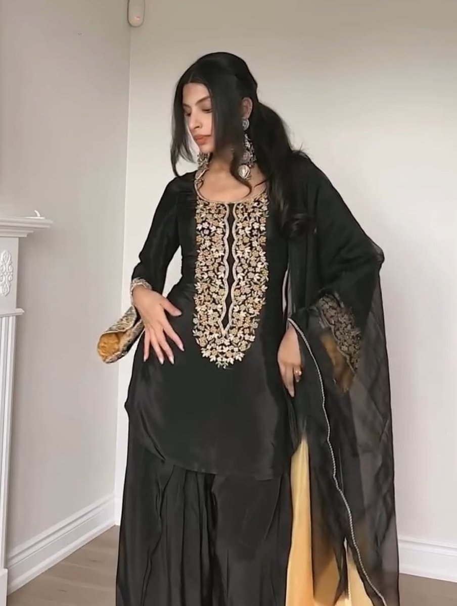 Luxury Satin Farshi Plazzo Set with Organza Dupatta