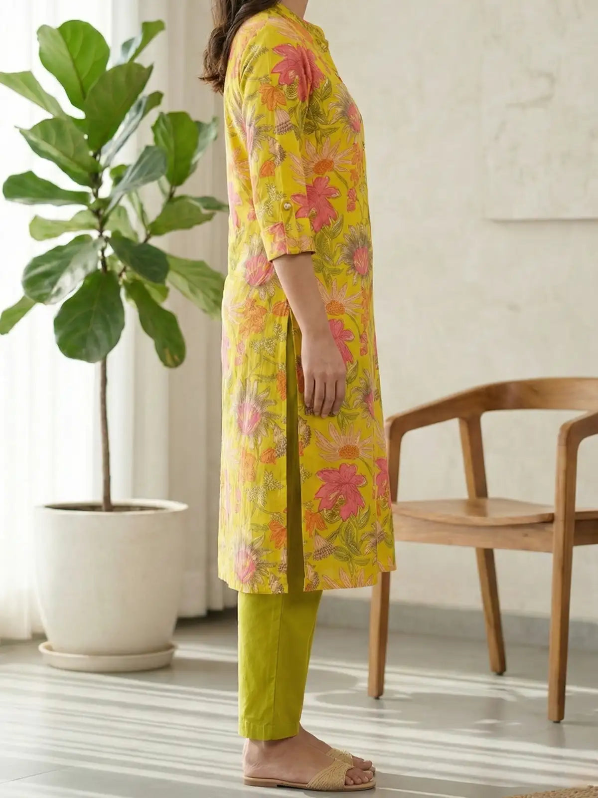Yellow Flower Leaf Print Co-Ord Set