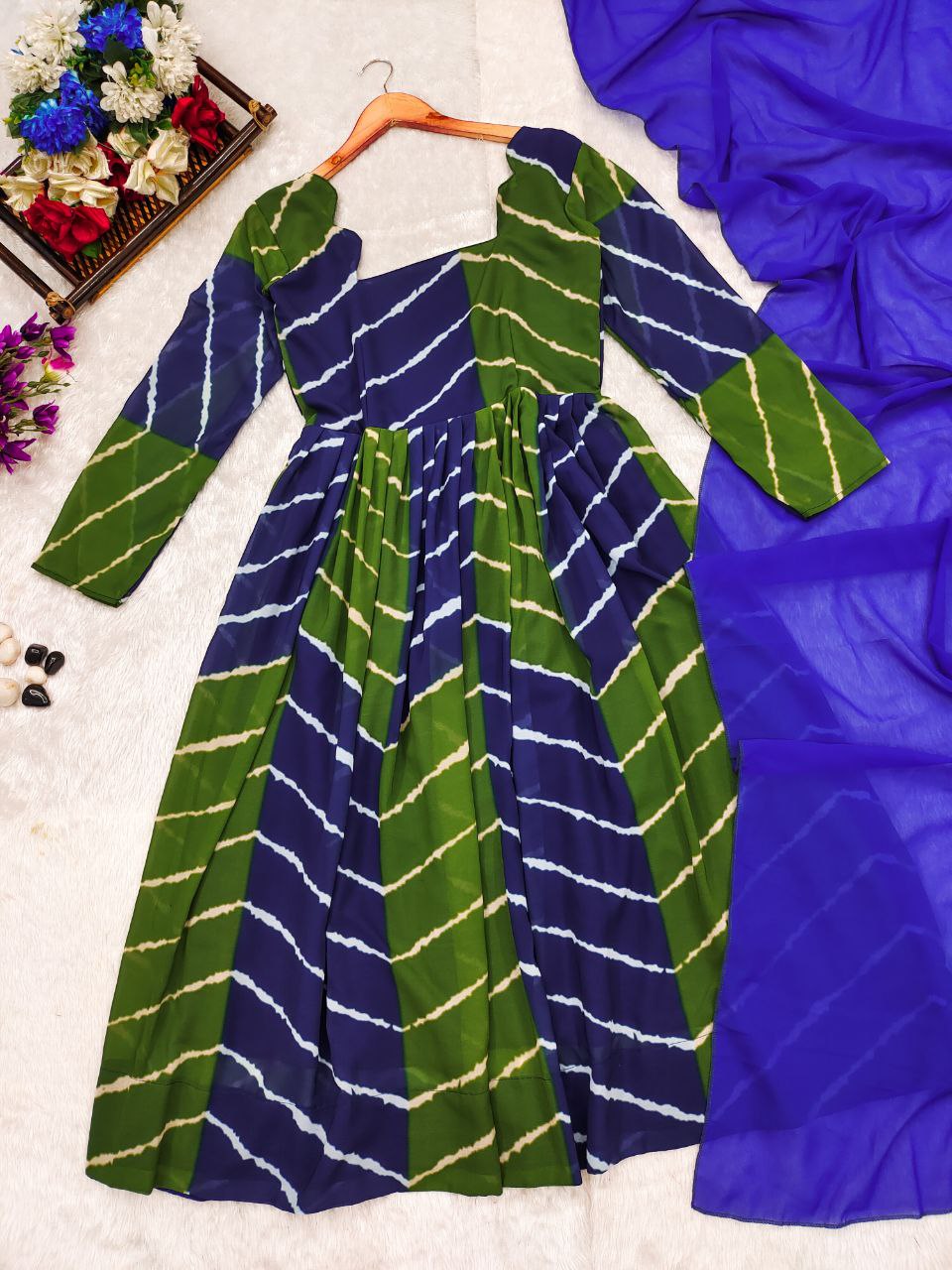 Blue & Green Leheriya Suit Set