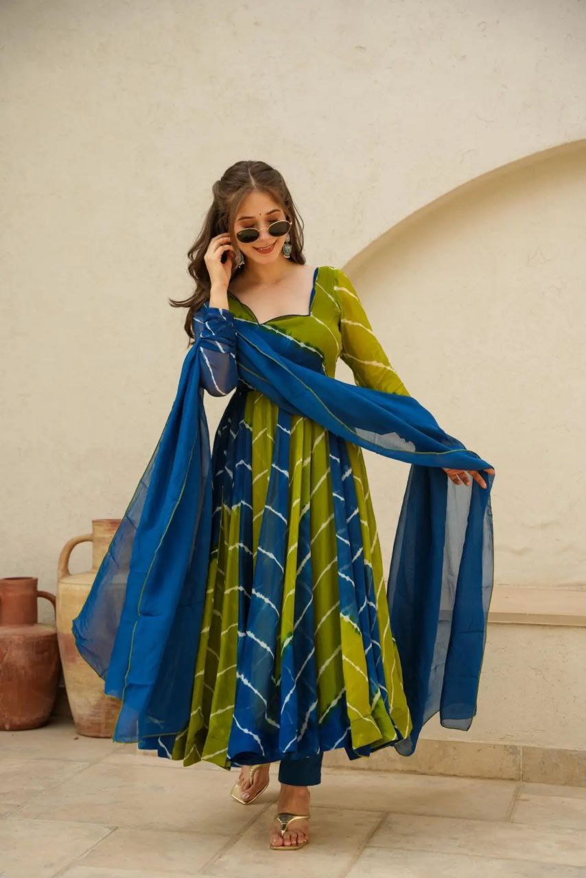 Blue & Green Leheriya Suit Set