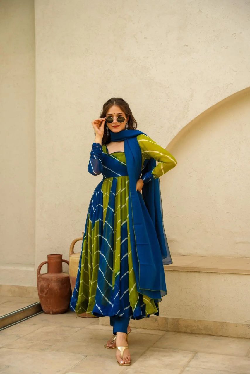 Blue & Green Leheriya Suit Set