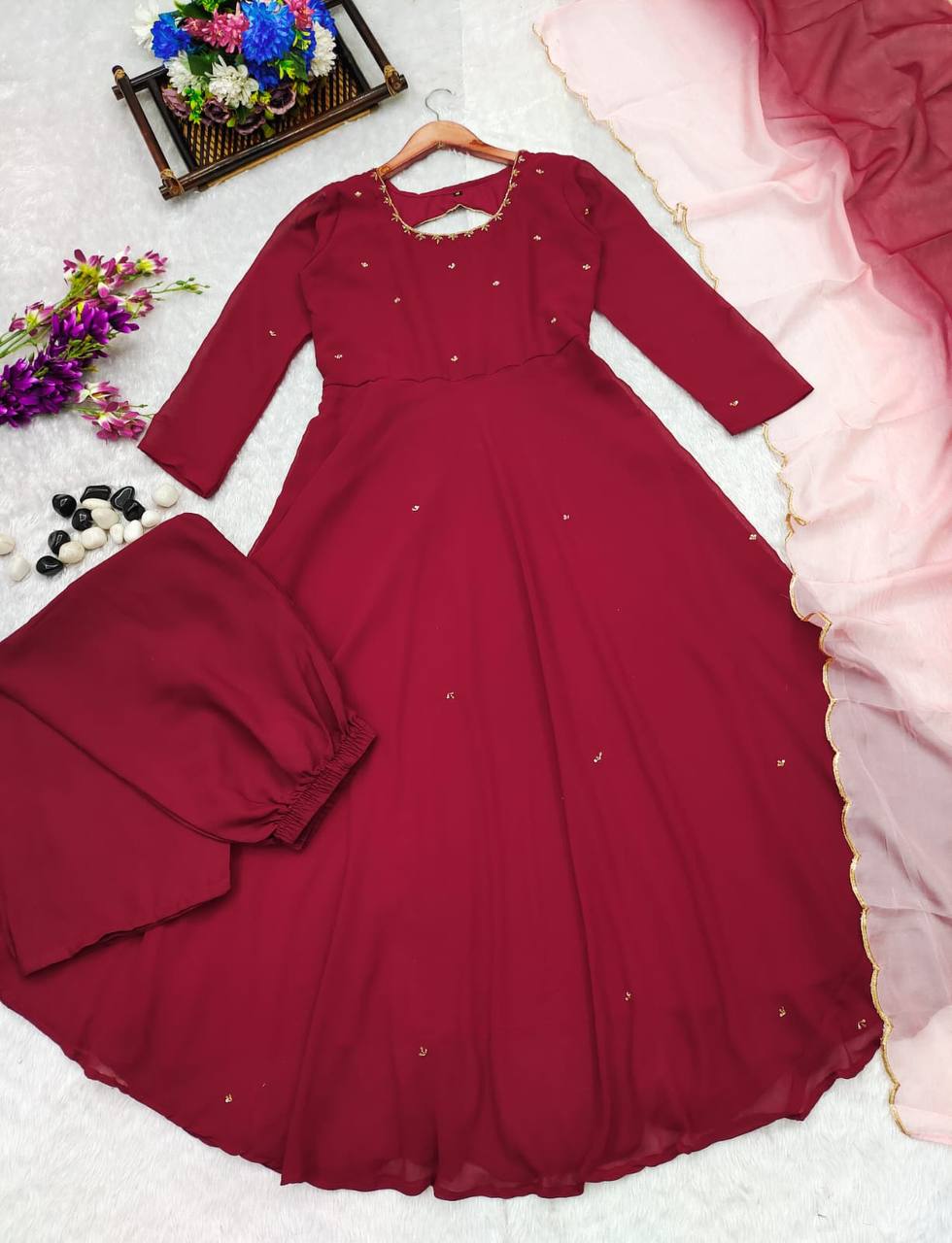 Marron Handwork Anarkali