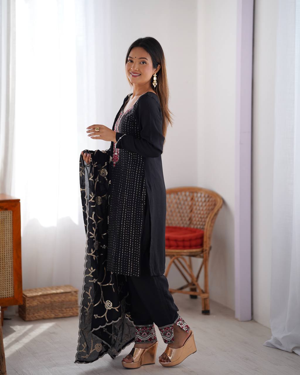Thread Work Chinon Silk 3 Piece Kurti Set