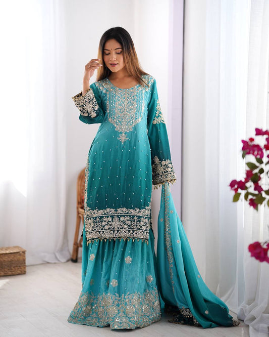 Teal Dual Shade Sharara Set