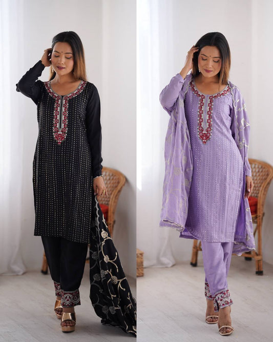 Thread Work Chinon Silk 3 Piece Kurti Set