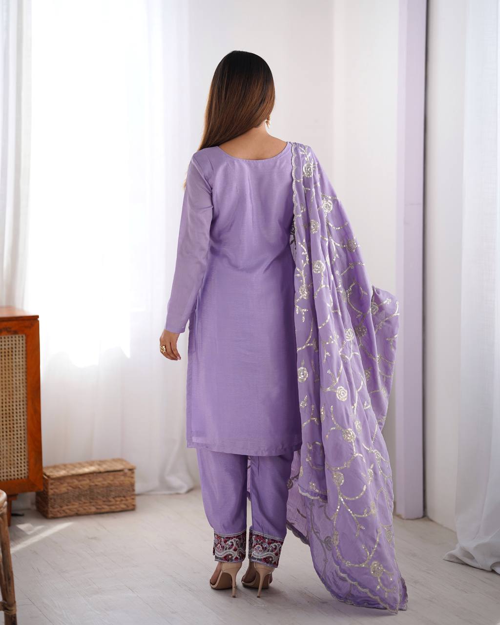 Thread Work Chinon Silk 3 Piece Kurti Set