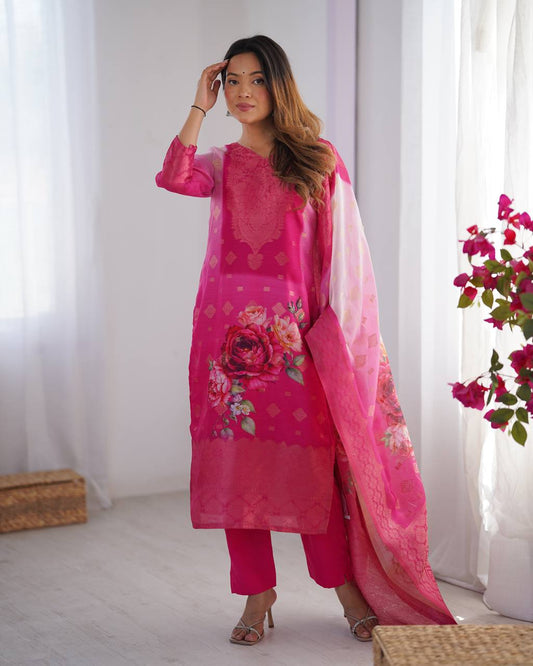 Chanderi Silk Suit Set with Jacquard and Floral digital print