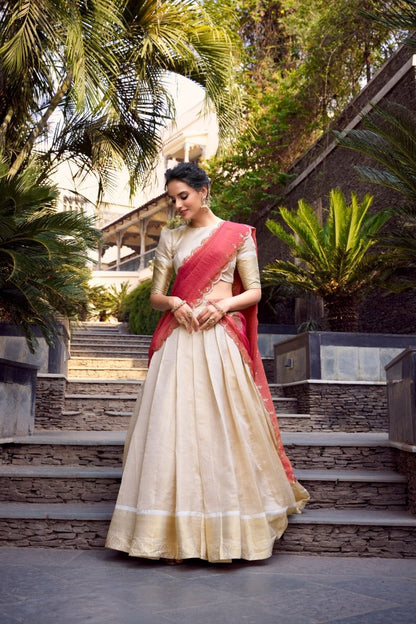 Elegant Golden Zari Weaving Work Lehenga with Zari Shimmer Dupatta