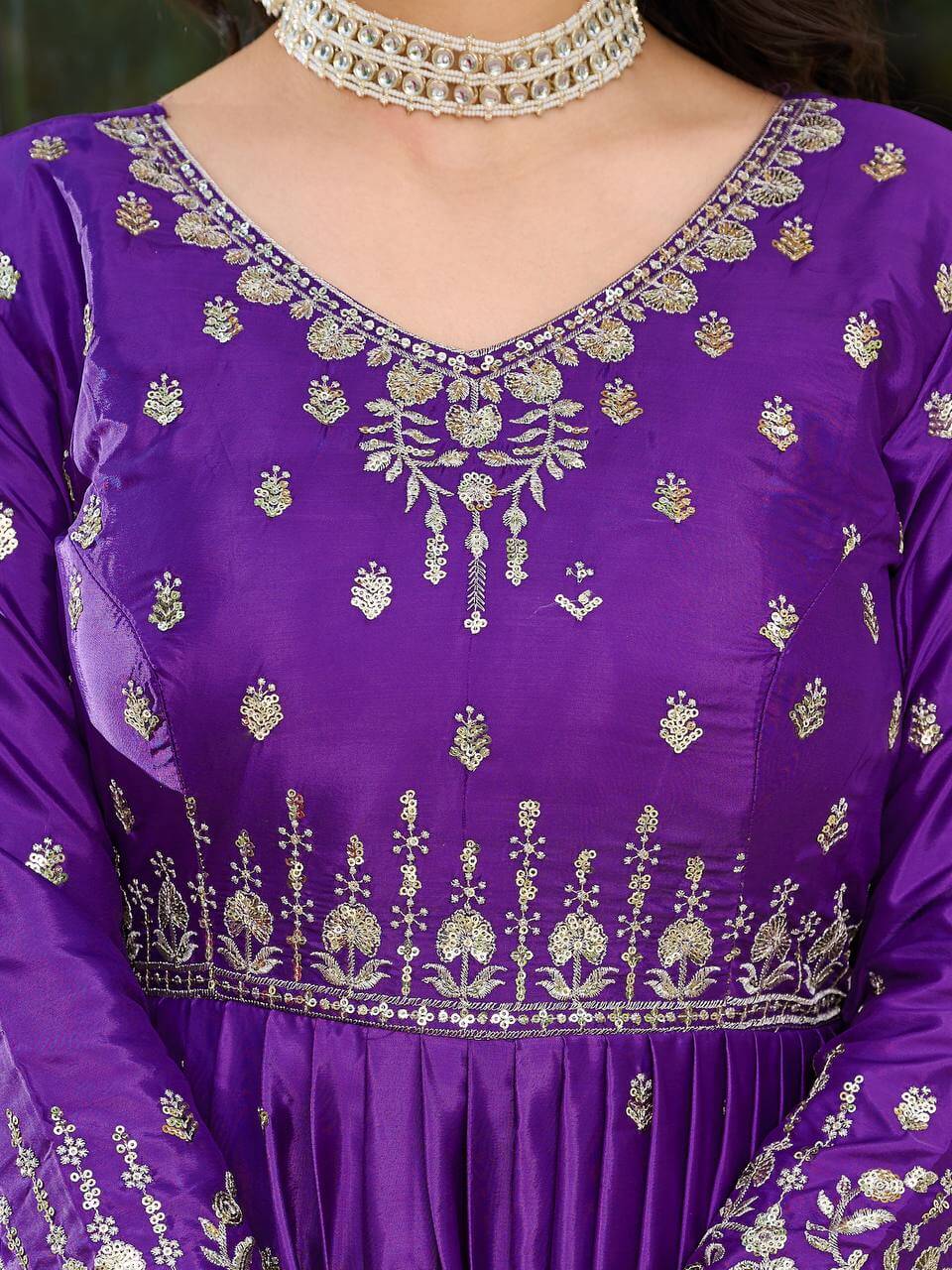 Thread work Purple American Silk Anarkali