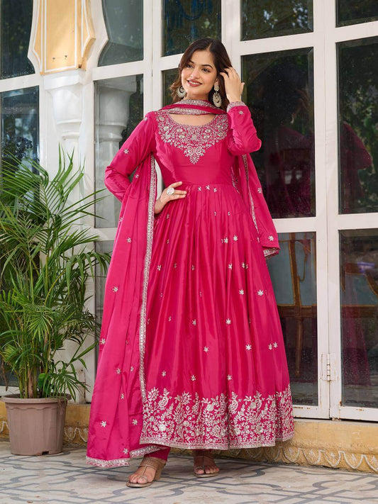 Thread work Pink American Silk Anarkali