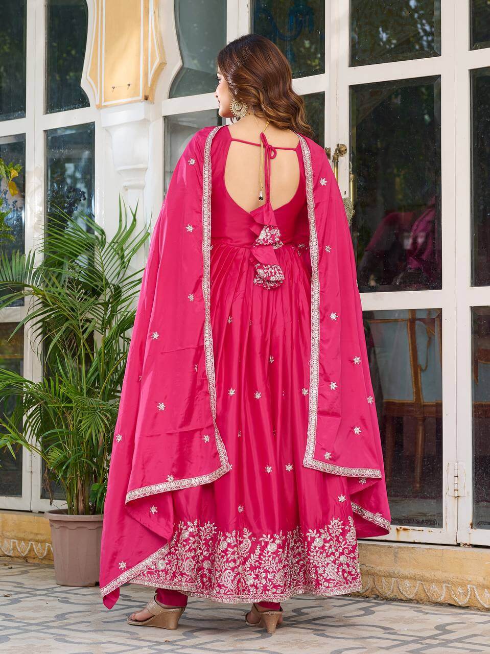 Thread work Pink American Silk Anarkali