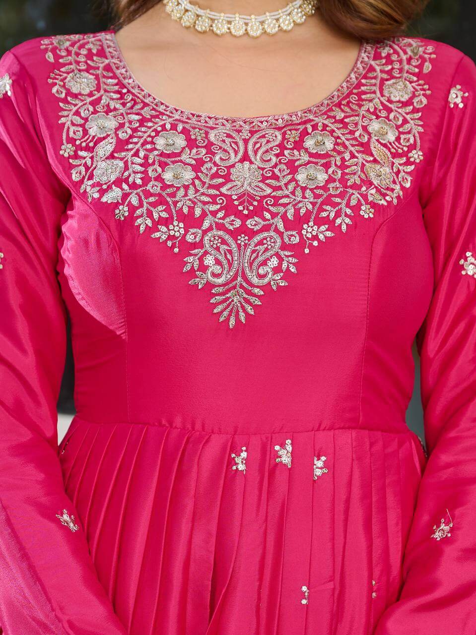 Thread work Pink American Silk Anarkali