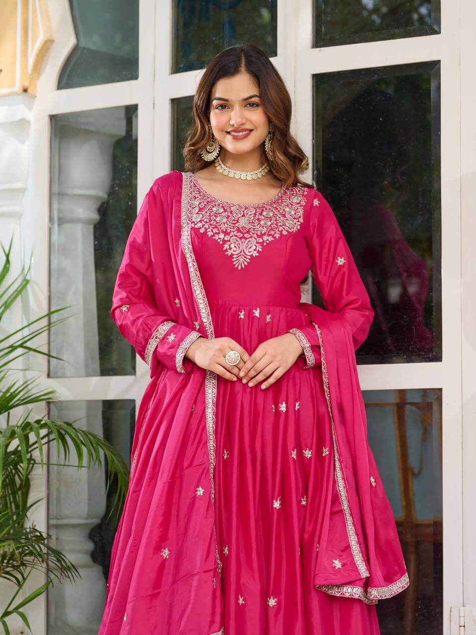 Thread work Pink American Silk Anarkali