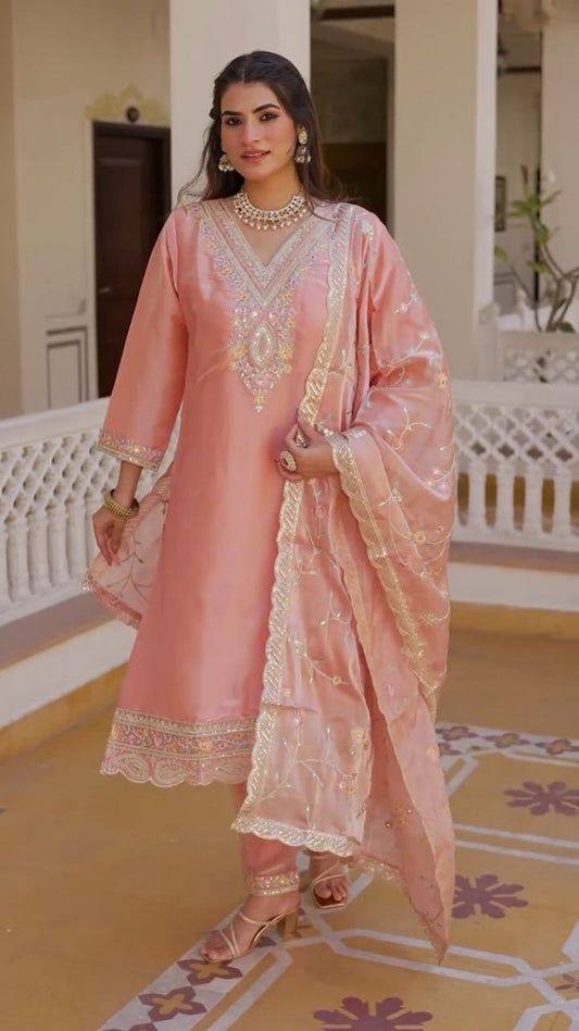 Heavy Embroidery Pink Suit Set