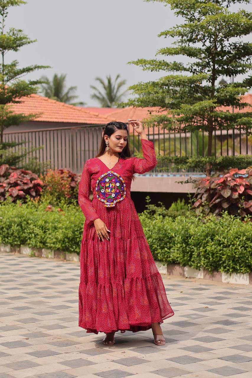 Red Gamathi Work Pan Shape Gown