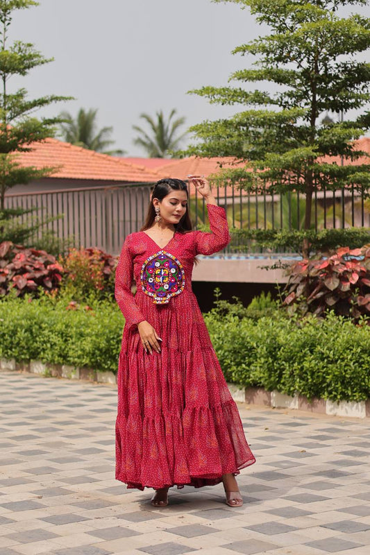 Red Gamathi Work Pan Shape Gown