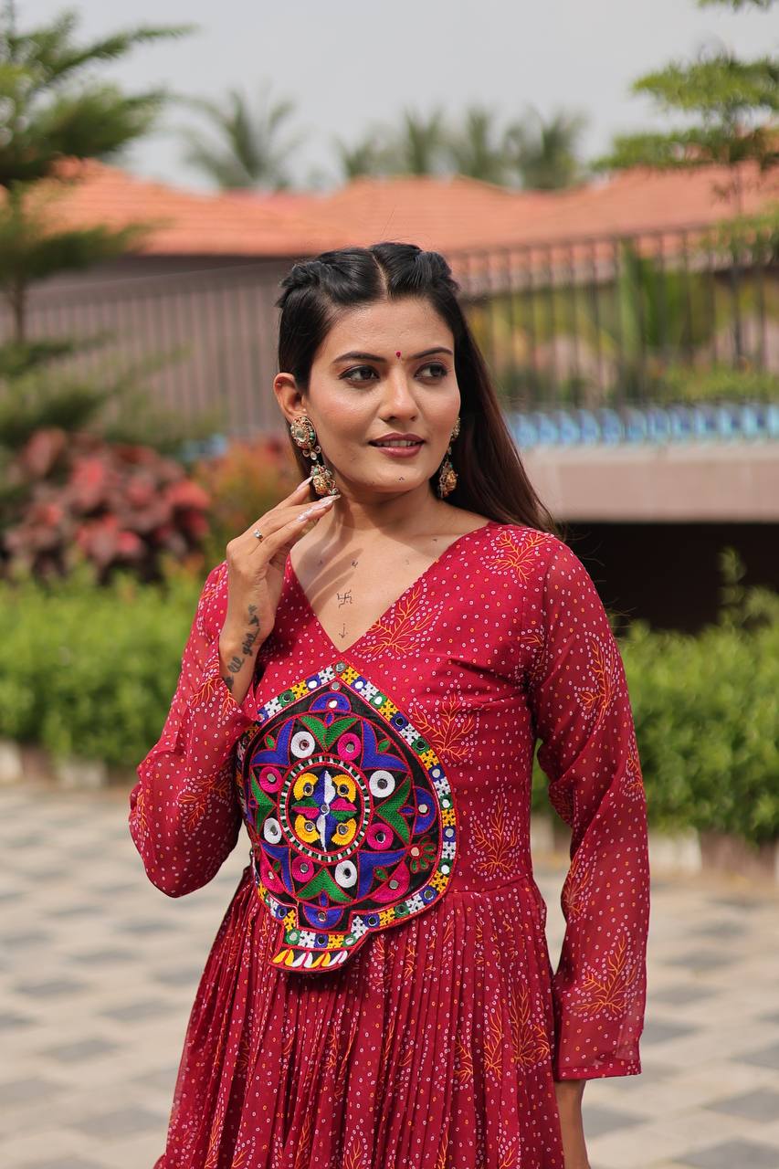 Red Gamathi Work Pan Shape Gown
