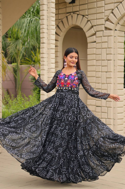 Black Foux georgette Gown With Embroidery Thread Work Real mirror & codi lace