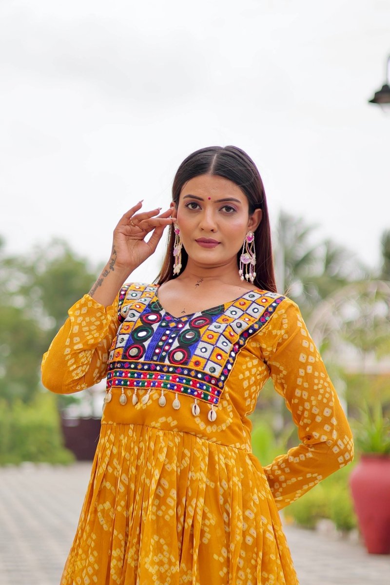 Yellow Foux georgette Gown With Embroidery Thread Work Real mirror & codi lace
