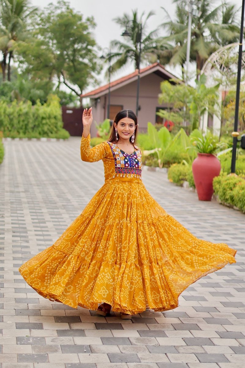 Yellow Foux georgette Gown With Embroidery Thread Work Real mirror & codi lace