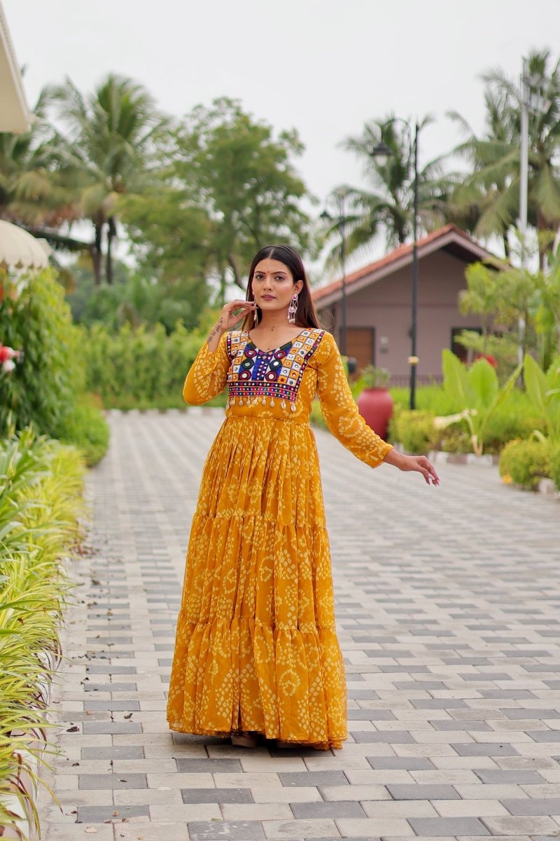 Yellow Foux georgette Gown With Embroidery Thread Work Real mirror & codi lace