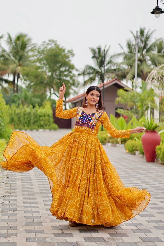 Yellow Foux georgette Gown With Embroidery Thread Work Real mirror & codi lace