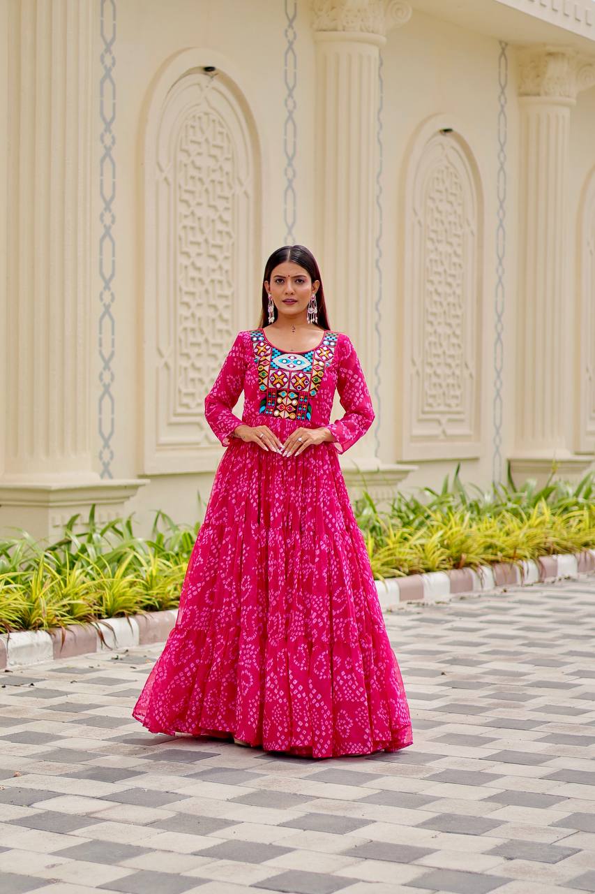 Rani Pink Foux georgette Gown With Embroidery Thread Work and Real Mirror