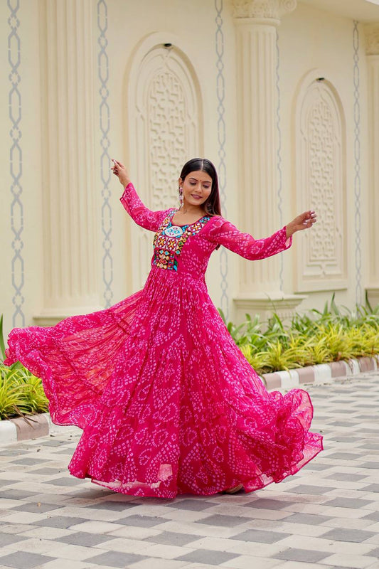Rani Pink Foux georgette Gown With Embroidery Thread Work and Real Mirror