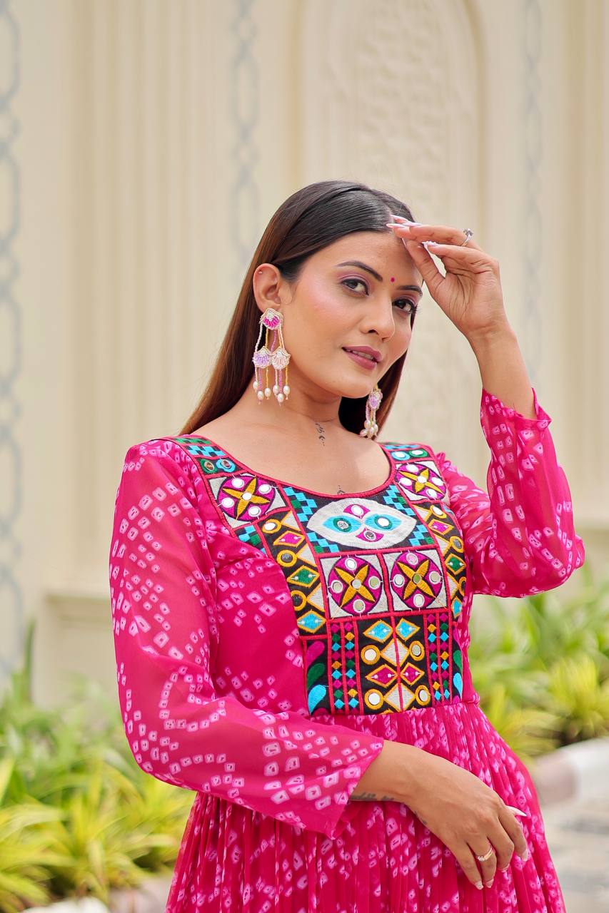 Rani Pink Foux georgette Gown With Embroidery Thread Work and Real Mirror