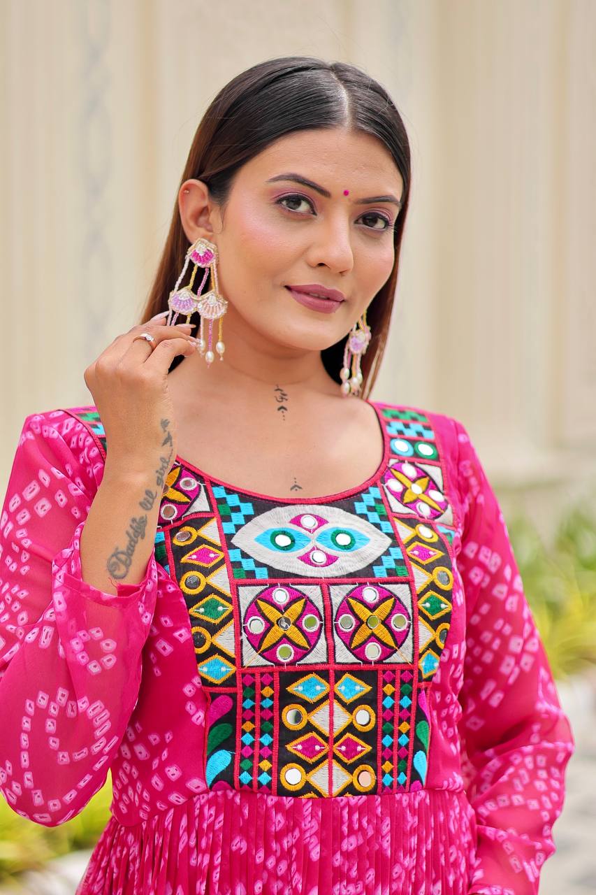 Rani Pink Foux georgette Gown With Embroidery Thread Work and Real Mirror