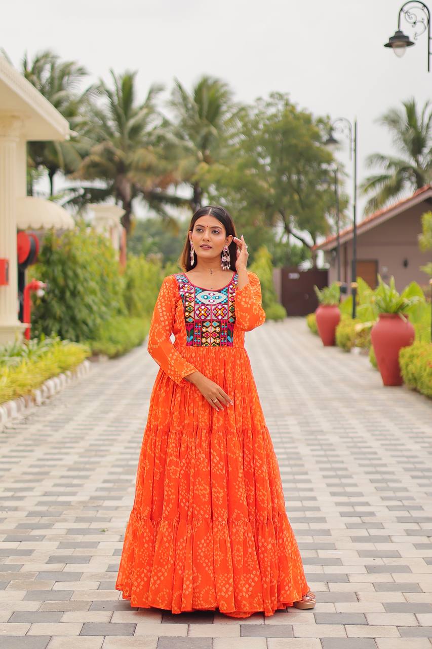 Orange Foux georgette Gown With Embroidery Thread Work and Real Mirror