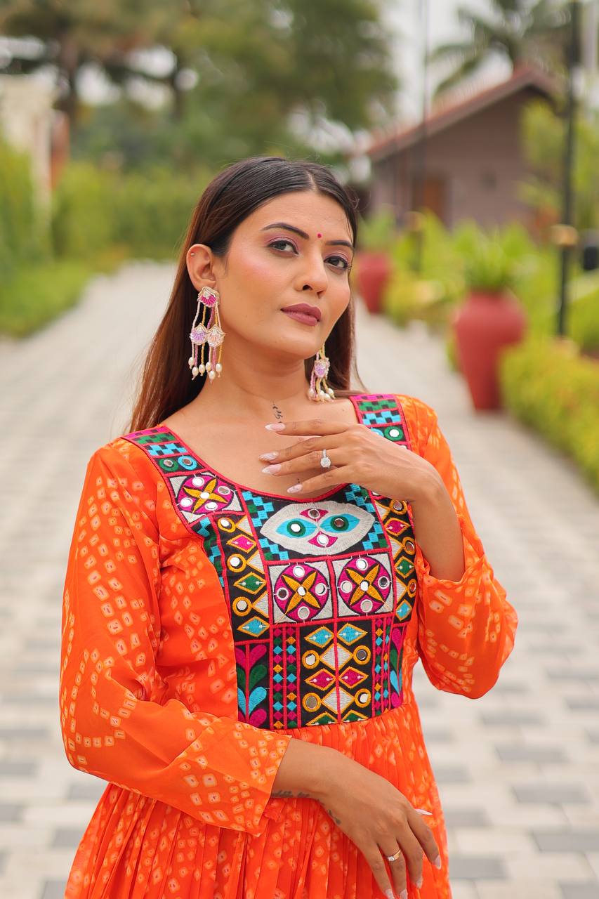 Orange Foux georgette Gown With Embroidery Thread Work and Real Mirror