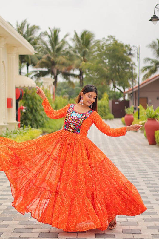 Orange Foux georgette Gown With Embroidery Thread Work and Real Mirror