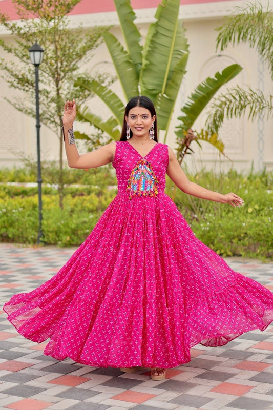 Pink Foux Georgette Embroidery Thread Work with real mirror & Readyment lece Gown