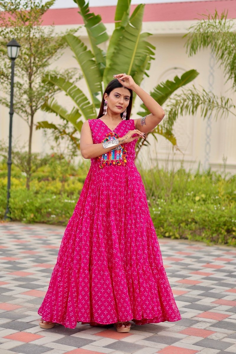 Pink Foux Georgette Embroidery Thread Work with real mirror & Readyment lece Gown