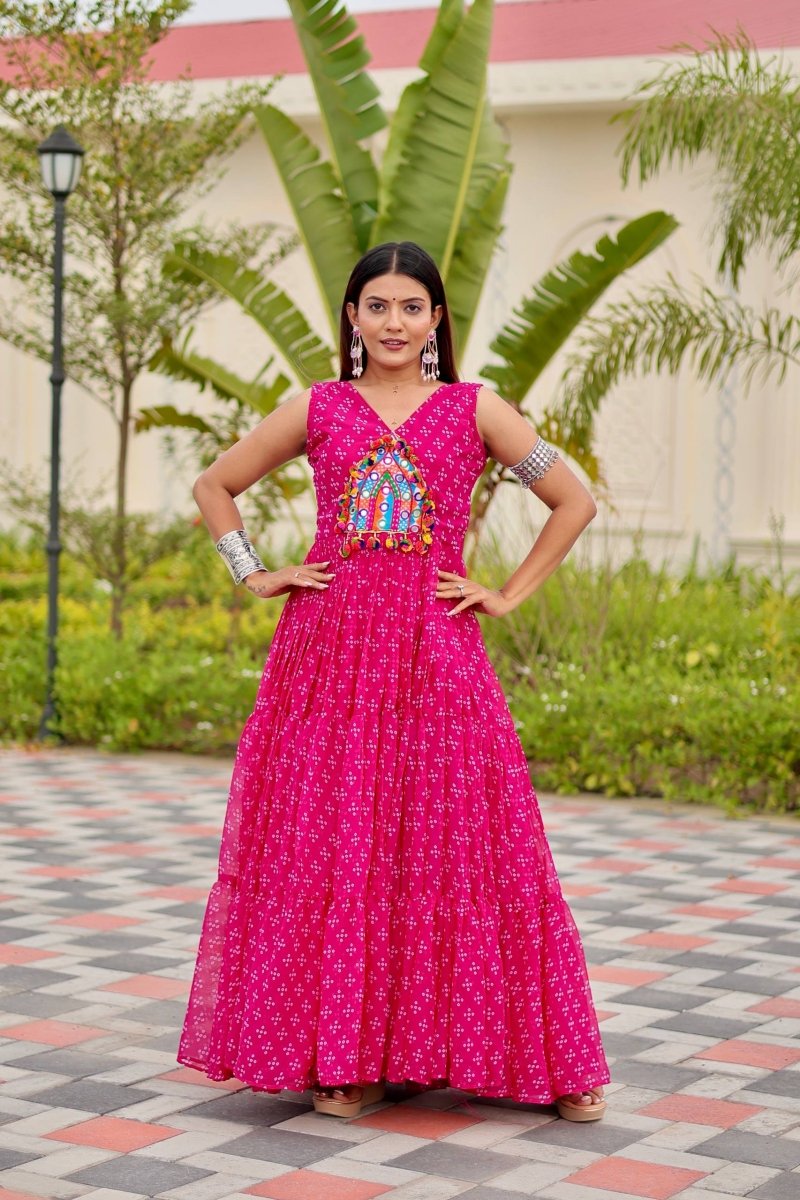 Pink Foux Georgette Embroidery Thread Work with real mirror & Readyment lece Gown