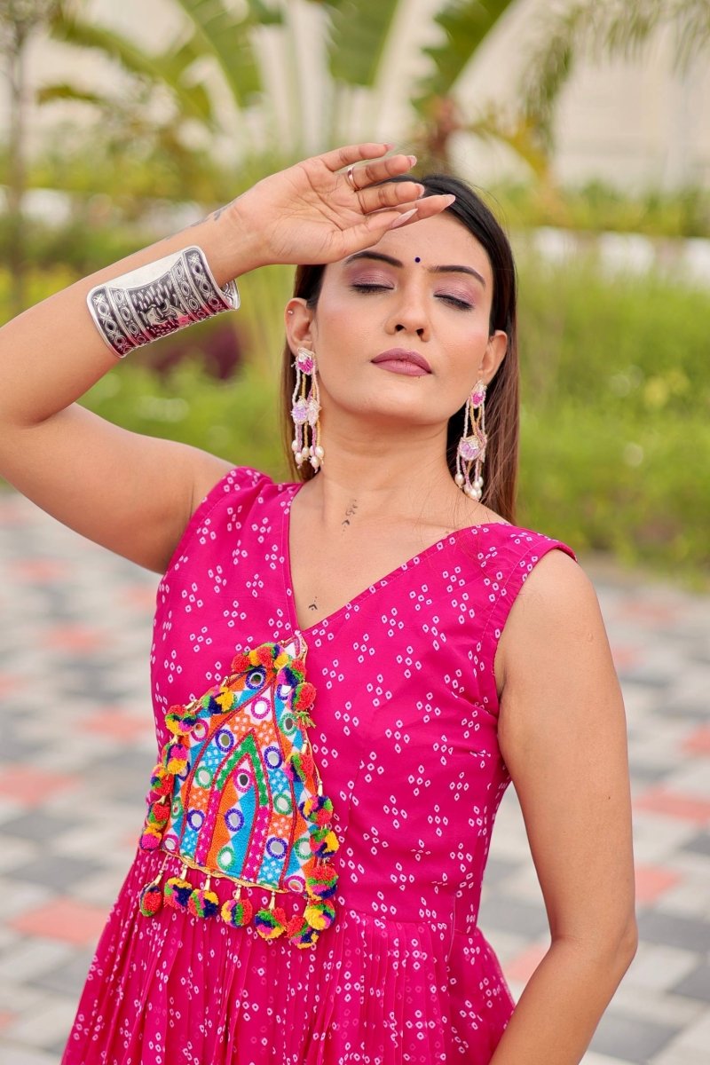 Pink Foux Georgette Embroidery Thread Work with real mirror & Readyment lece Gown