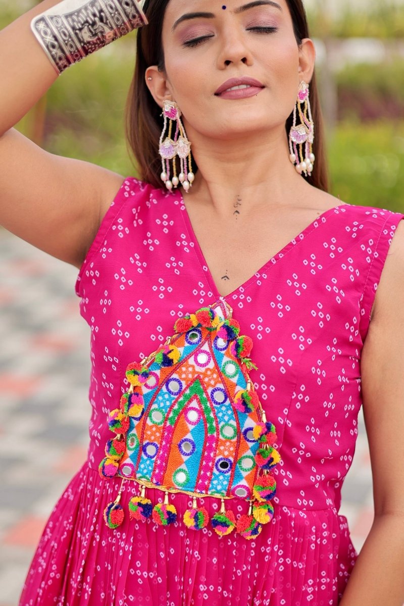 Pink Foux Georgette Embroidery Thread Work with real mirror & Readyment lece Gown