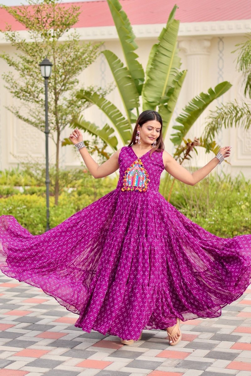 Purple Foux Georgette Embroidery Thread Work with real mirror & Readyment lece Gown